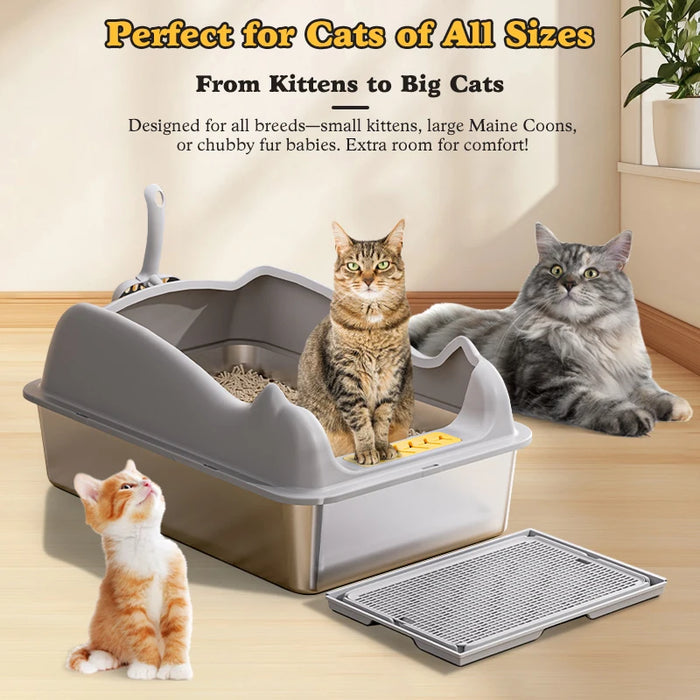 Stainless Steel Cat Litter Box With Lid, XL Metal For Big Cats, Never Absorbs Odors, Non-Sticky, Easy Clean, Anti-Urine Leakage