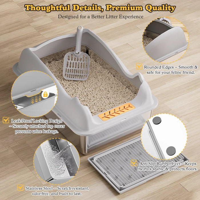 Stainless Steel Cat Litter Box With Lid, XL Metal For Big Cats, Never Absorbs Odors, Non-Sticky, Easy Clean, Anti-Urine Leakage