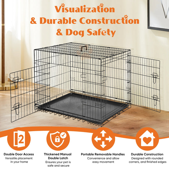 JHK Double Door Folding Metal Wire Dog Cage with Plastic Leak-Proof Pan Tray Extra Large Pet Kennel for Indoor Outdoor Travel