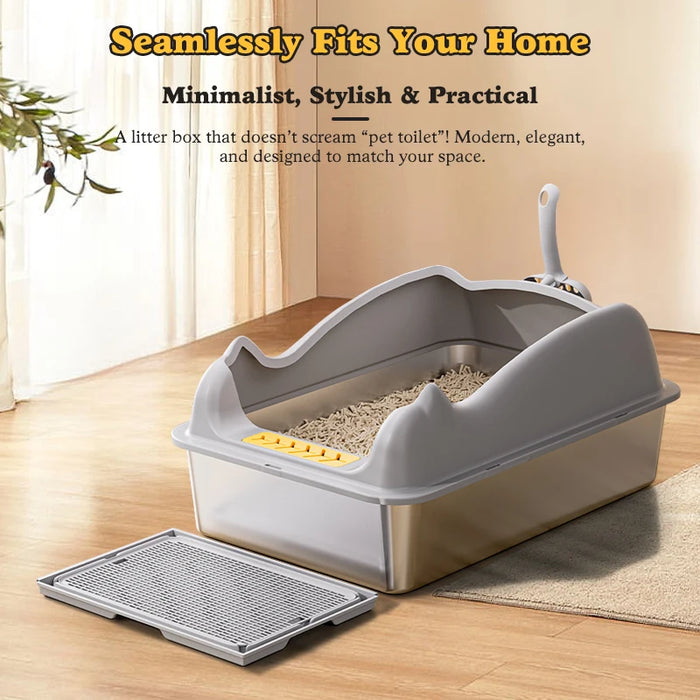 Stainless Steel Cat Litter Box With Lid, XL Metal For Big Cats, Never Absorbs Odors, Non-Sticky, Easy Clean, Anti-Urine Leakage