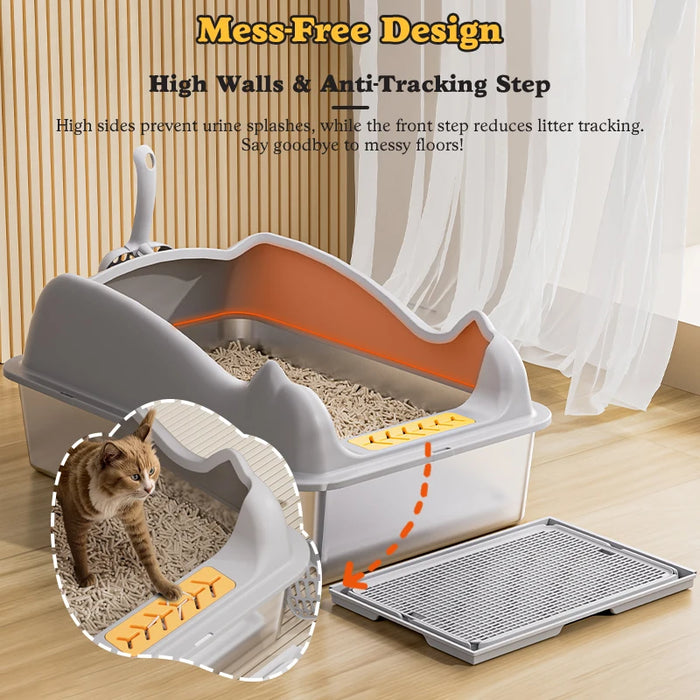 Stainless Steel Cat Litter Box With Lid, XL Metal For Big Cats, Never Absorbs Odors, Non-Sticky, Easy Clean, Anti-Urine Leakage